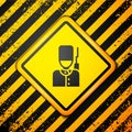 Black British guardsman with bearskin hat marching icon isolated on yellow background. Warning sign. Vector