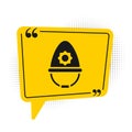 Black British police helmet icon isolated on white background. Yellow speech bubble symbol. Vector