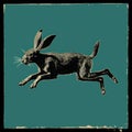 A black and brown hare running on a green background, AI