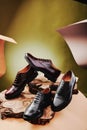 Black and brown leather men& x27;s shoes made of genuine leather in classic style on a wooden cut. Close-up Royalty Free Stock Photo