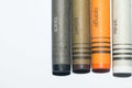 Black, brown, orange and white crayons with a color names written on a crayon Royalty Free Stock Photo