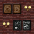 Black and brown retro posters and glowing vintage lamps on red brick wall background.