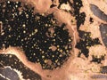 Black and brown watercolor background with gold glitter. Water color alcohol ink splash, liquid flow texture paint Royalty Free Stock Photo