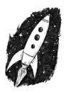 Black Ink Grunge Hand Drawing of Retro Spaceship or Space Rocket