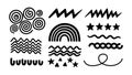 Black brush stroke abstract shapes and pattern design set of 17 hand drawn vector elements with zigzag spiral wave and star motifs Royalty Free Stock Photo