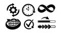 Black brushstroke style vector icons set including gear refresh, clock reset, infinity loop, globe rotation, checkmark cycle, and Royalty Free Stock Photo