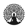 Black Buddha Meditation with radiate glow sit under bodhi tree with leafs heart shape abstract modern circle style vector design