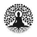 Black Buddha Meditation under bodhi tree with leaf and root abstract circle style vector design Royalty Free Stock Photo