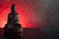 Black Buddha on a red and black gradient background with stars
