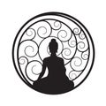 Black Buddha sit and meditation in circle with coiled lines art style vector design