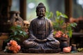 Black Buddha statue in meditating pose generative AI