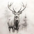 Lean Stag Pencil Sketch: Uhd Image With Realistic Landscape Paintings Royalty Free Stock Photo