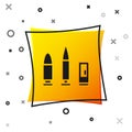 Black Bullet and cartridge icon isolated on white background. Yellow square button. Vector Royalty Free Stock Photo