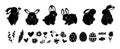 Black bunny, spring elements silhouettes. Bunnies, flowers, eggs. Easter isolated symbols. Flat rabbits collection