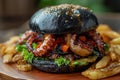 Black burger with fried octopus and vegetables