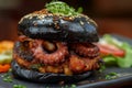 Black burger with fried octopus and vegetables