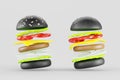 Black burger or hamburger fly motion with ingredients 3d render icon set. Isolated fast food with bread, meat, cheese