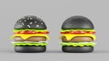 Black burger with white and black sesame 3d render icon set. Fast food, beef hamburger with bread, cheese, tomato, salad