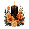 black burning candle among orange flowers isolated on white background