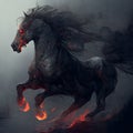 Black burning demonic horse with fiery eyes