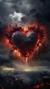 Black burning heart against a stormy sky. Heart as a symbol of affection and love