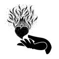 Black burning heart in human hand. Give Fire heart. Flame heart on palm. Sketch for tattoo, poster, print or t-shirt