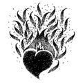 Black burning heart. Sketch for tattoo, poster, print or t-shirt. Vector illustration. Fire hearts. Flame heart.