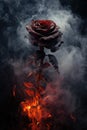 black burning rose. smoke, ashes, fire, flames, embers, powder, explosion, mist, fog, fantasy, surreal, abstract.