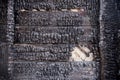 Black burnt wall of house of wooden planks with embossed texture. damage to the building from fire without the possibility of