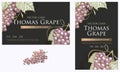 Black business cards vector set, botanical design with grape fruts illustration. Decorative frame with grape bunches and