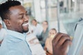 Black business man, coaching or diversity for teamwork, presentation or training meeting in office with smile. Happy Royalty Free Stock Photo