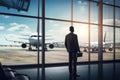 Black Business Man Standing With His Back To The Airport Window And The Plane Taking Off. Generative AI Royalty Free Stock Photo