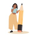 Black Business Woman holds big pencil. Confident african American female writer or content manager