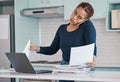 Black business woman working from home in freelance, multitasking paperwork with laptop and mobile audio phone call Royalty Free Stock Photo