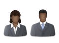 Black businessman and business woman on white background. Successful young man and woman in gray business suits and white shirts Royalty Free Stock Photo