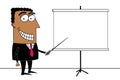 Black cartoon businessman, empty presentation board, white background