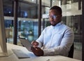 Black businessman, tablet and data analysis with computer in night office for digital marketing software, cybersecurity