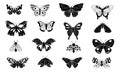 Black butterflies. Decorative butterfly silhouettes, winged insect sketch elements for tattoo design, vintage scrapbook Royalty Free Stock Photo