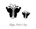 Black Butterflies. Happy Mother`s Day greeting card. Made of baby foot print butterfly. Mother and baby