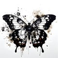 Black butterfly with watercolor splashes and blots on white background