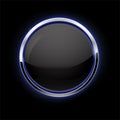 Black button with chrome frame. Glass button with blue glow on black background