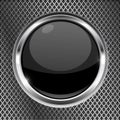 Black button with chrome frame on metal background. Round glass shiny 3d icon Royalty Free Stock Photo