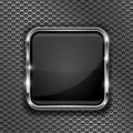 Black button frame on perforated background. Square glass 3d icon with metal frame Royalty Free Stock Photo