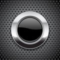 Black button on metal perforated background. Round glass icon with chrome frame Royalty Free Stock Photo