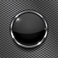 Black button on perforated background. Round glass 3d icon with metal frame Royalty Free Stock Photo
