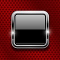 Black button on red metal perforated background. Square glass icon with chrome frame Royalty Free Stock Photo