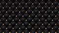Black buttoned luxury leather pattern with golden bead diagonal wire waves. Vector seamless premium background diamond shape