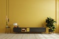 Black cabinet for tv interior yellow wall mockup