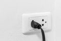 Black cable plugged in a white electric outlet on whith wall Royalty Free Stock Photo