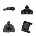 Black cadillac to transport the grave of the deceased, a church for a funeral ceremony, a grave with a tombstone, a